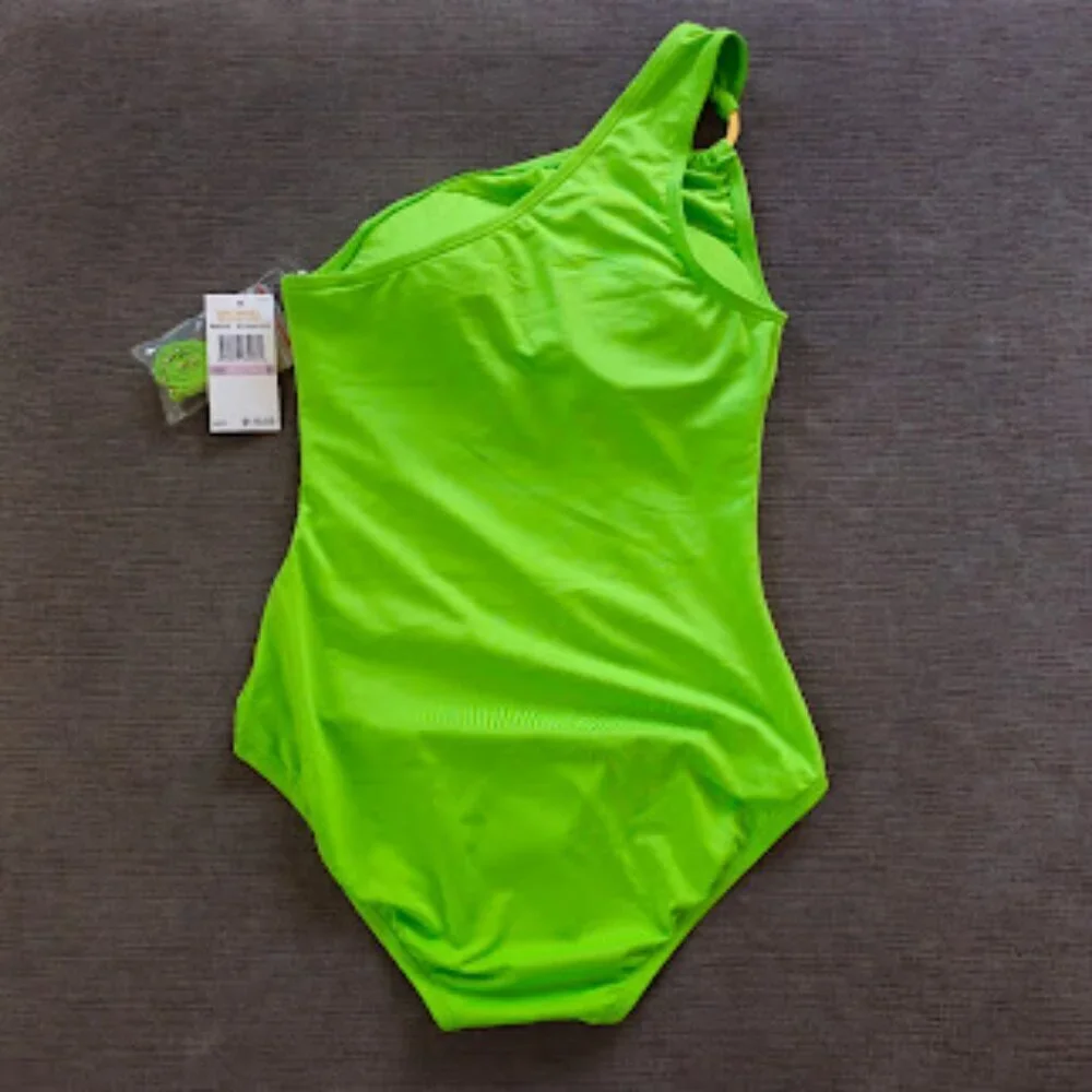 NWT Michael Kors Green One-Shoulder Gold Accent Ring One-lPiece Swimsuit Size 6